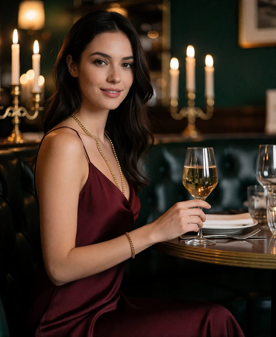 Woman in a burgundy silk dress smiling at a candlelit table in an upscale Dallas steakhouse