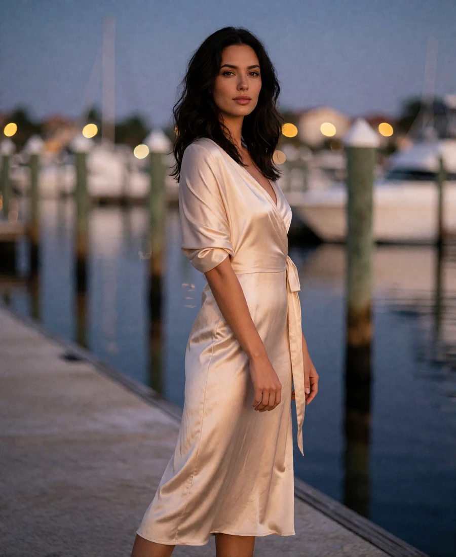 Elegant woman in a champagne midi dress standing on a quiet Tampa marina walkway at dusk
