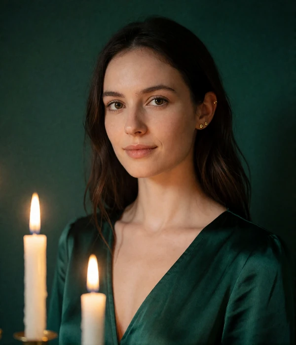 Woman in a deep green satin dress with a gentle smile, an illustrative member portrait