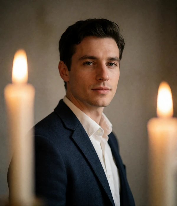 Man in his late twenties in a navy blazer, an illustrative member portrait