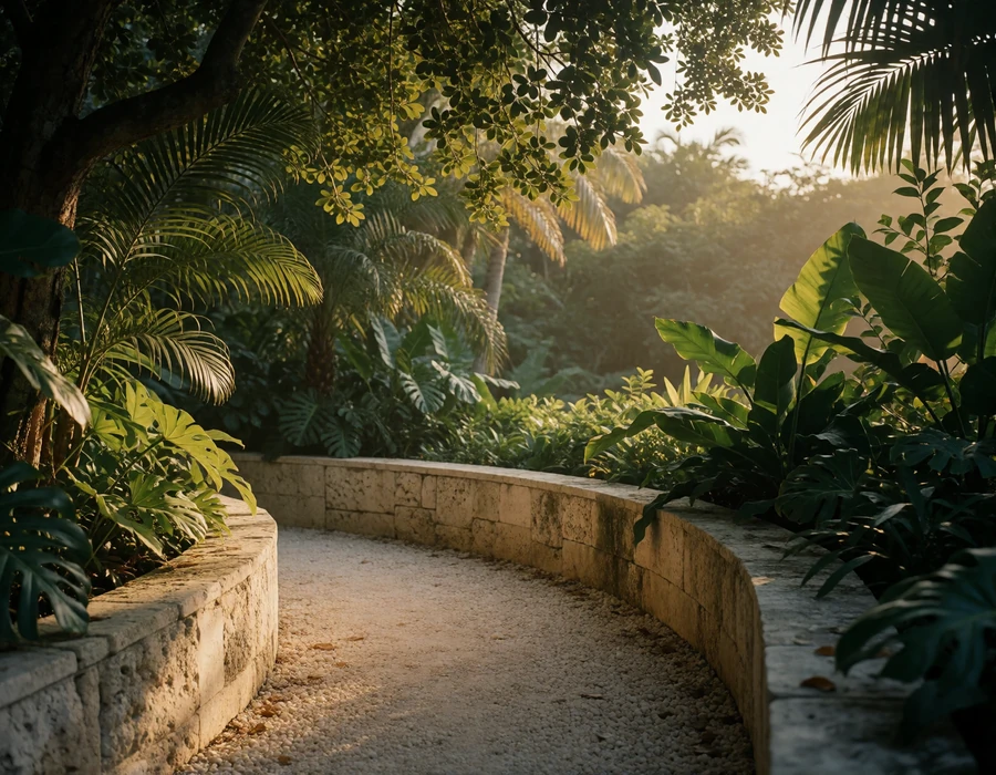 Shaded garden terrace path in San Antonio bordered by lush planting and a low limestone wall