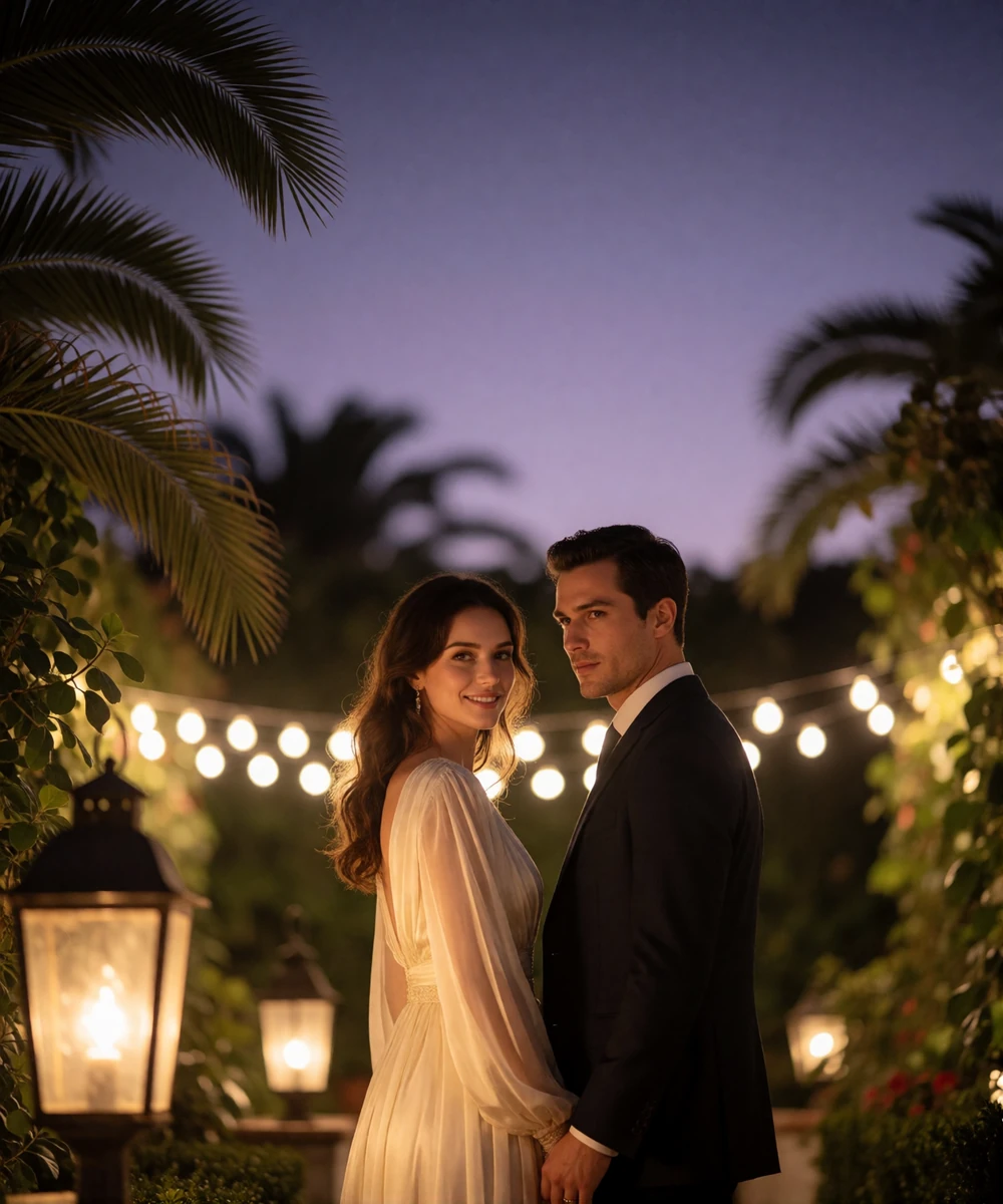 Elegantly dressed couple standing together in a lantern-lit Los Angeles garden courtyard at dusk
