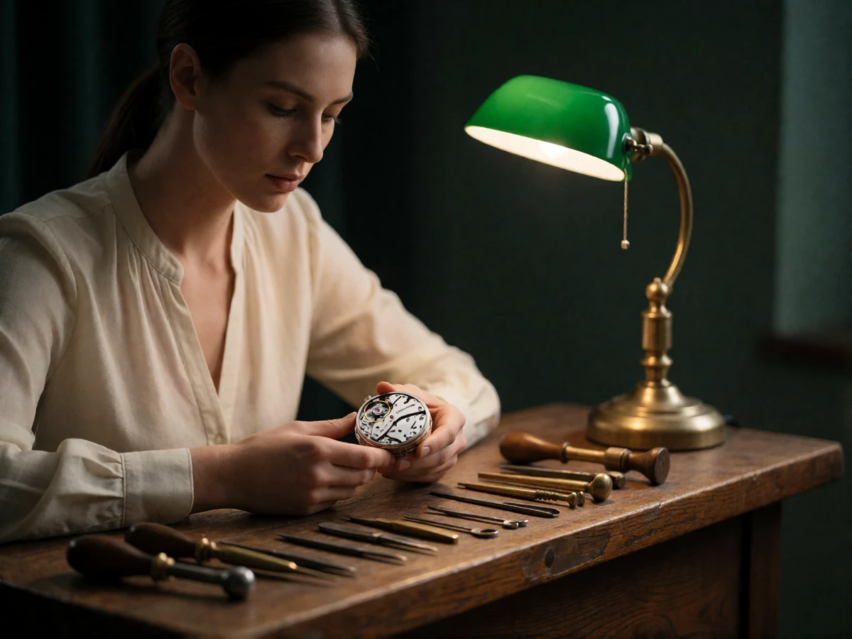 Woman in an ivory blouse examining a small mechanical watch movement at a workshop bench under warm lamp light