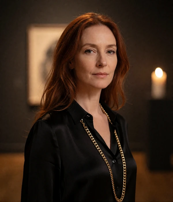 Woman with long auburn hair in a black silk blouse in a dim gallery space, an illustrative member portrait