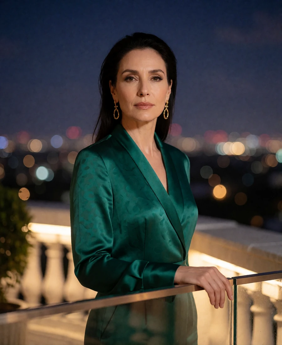 Woman in her early forties in an emerald silk blouse standing on a Brickell high-rise terrace at dusk