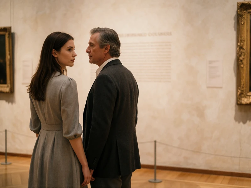 Woman in a soft grey dress and an older man in a dark blazer walking through a quiet museum hall