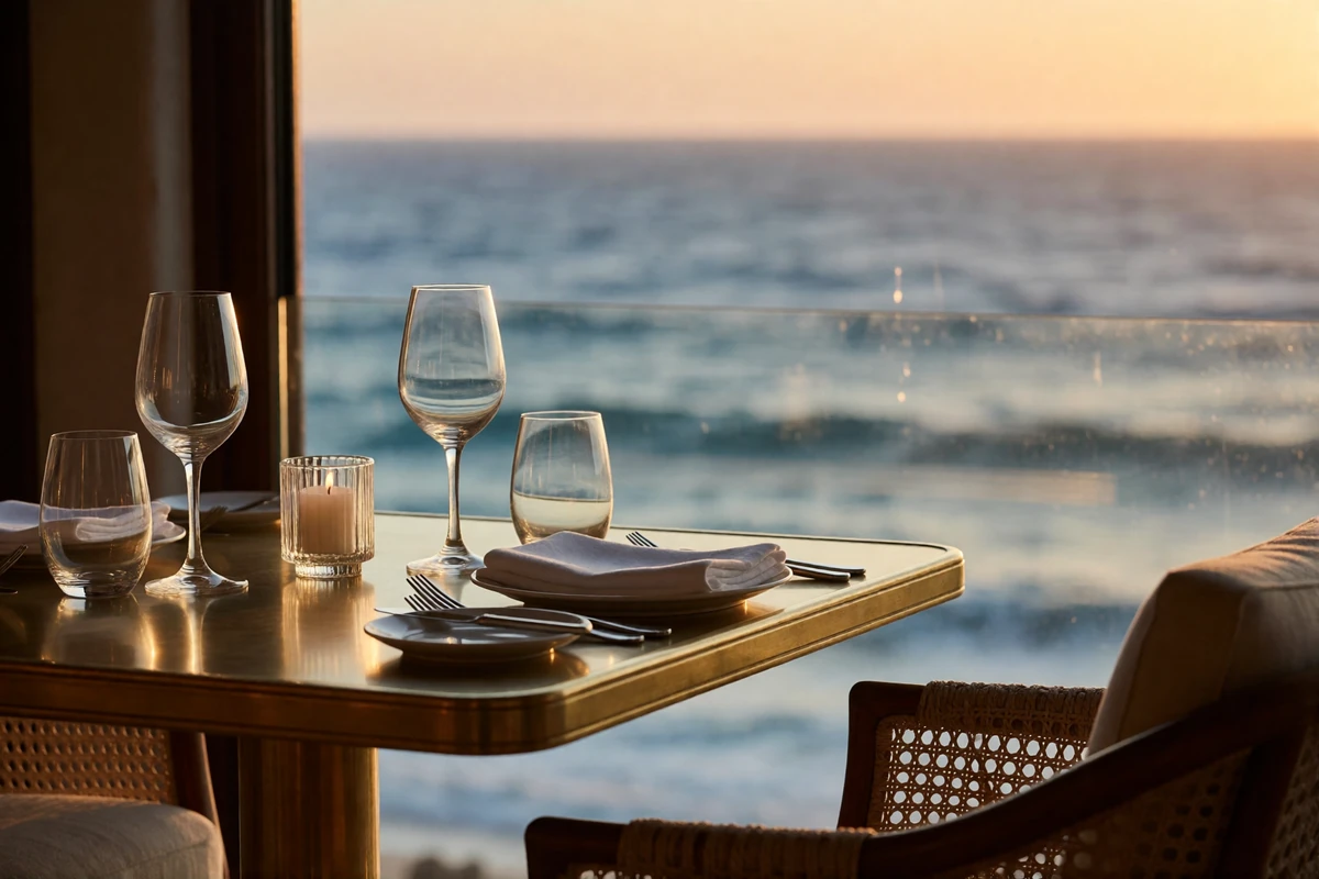 Oceanfront fine dining table prepared for two in San Diego at sunset