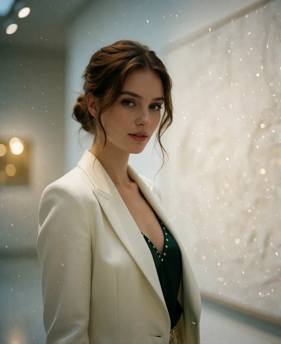 Elegant woman in an ivory blazer standing in the softly lit hall of a contemporary art gallery