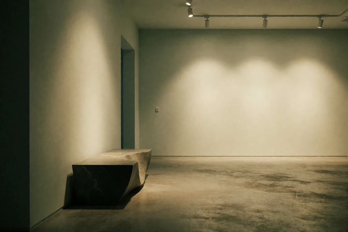 Quiet contemporary gallery interior with warm track lighting during an evening private view