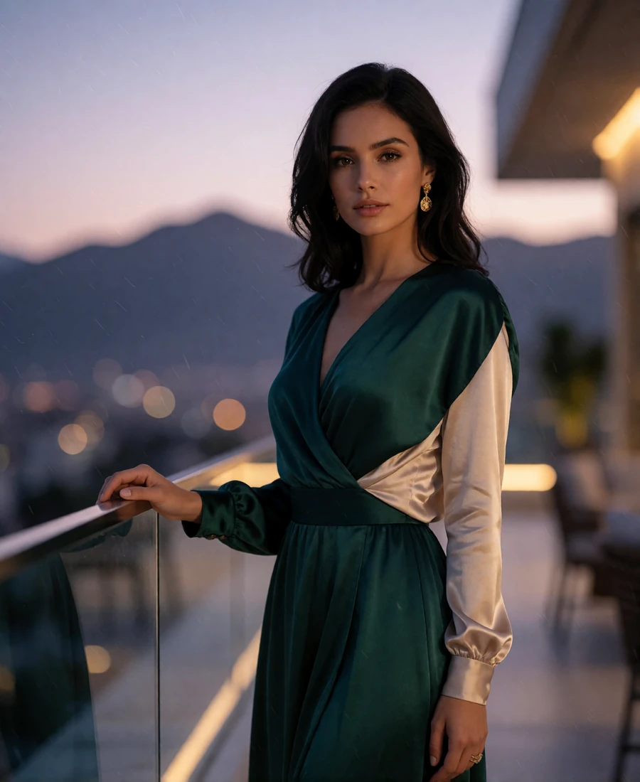 Dark-haired woman in an emerald wrap dress standing on a rooftop terrace at dusk with mountains behind her