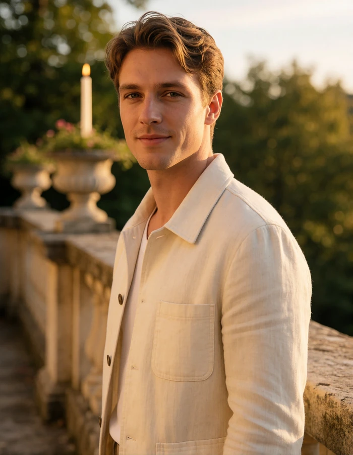 Man in a cream linen jacket smiling on a sunlit terrace, an illustrative member profile