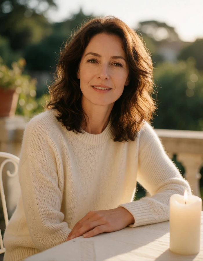 Woman with wavy chestnut hair seated on a sunlit terrace, an illustrative member profile