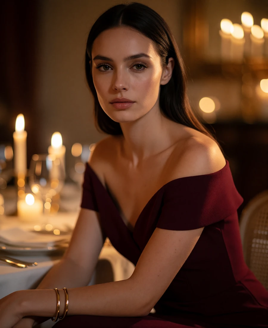 Woman in a burgundy off-shoulder evening dress in a private dining room
