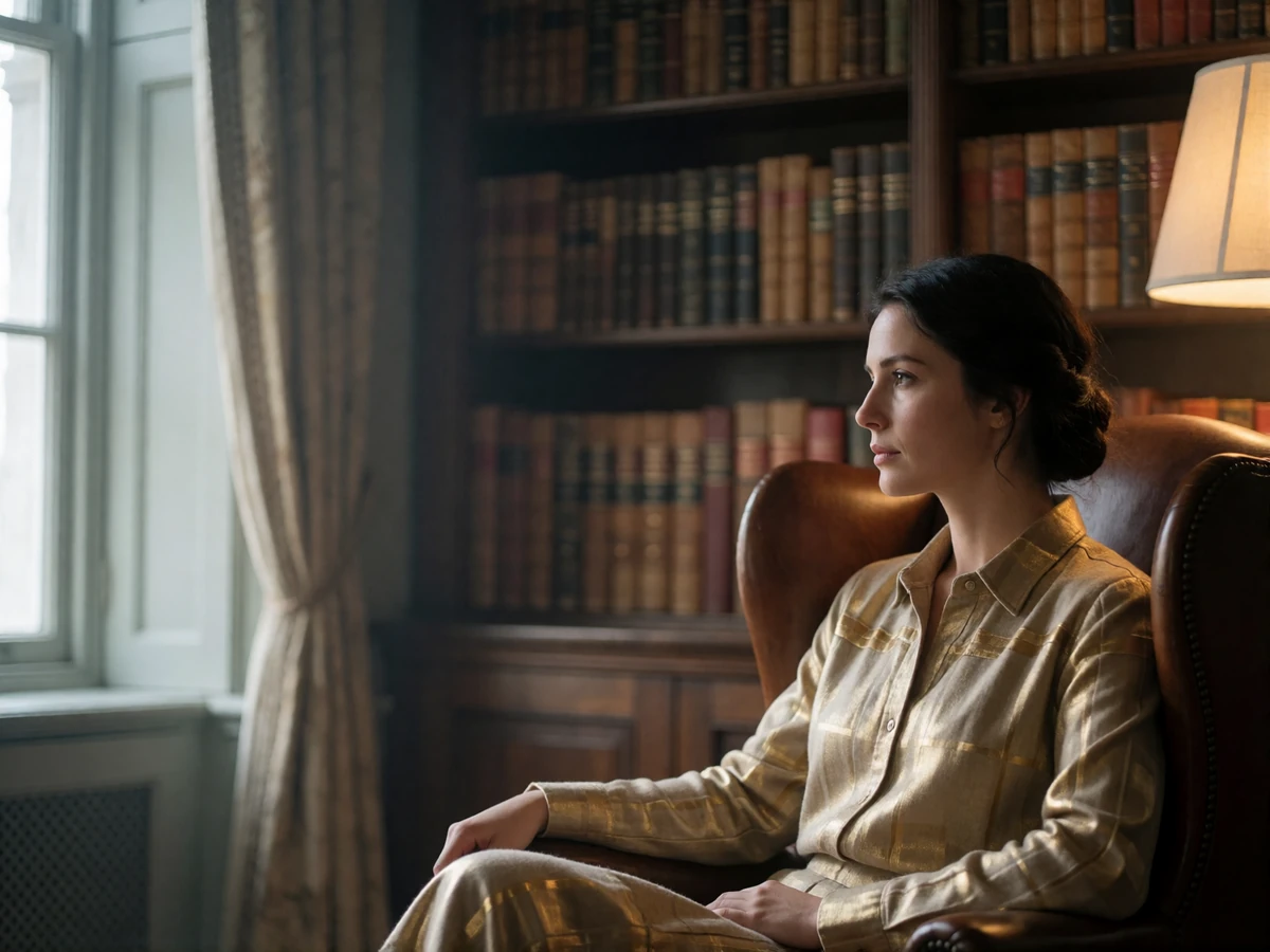 Thoughtful woman seated in a leather wing chair inside a private library, looking toward a tall window