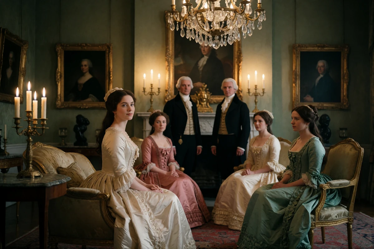 Elegantly dressed guests gathered in a candlelit eighteenth-century drawing room during a private salon evening
