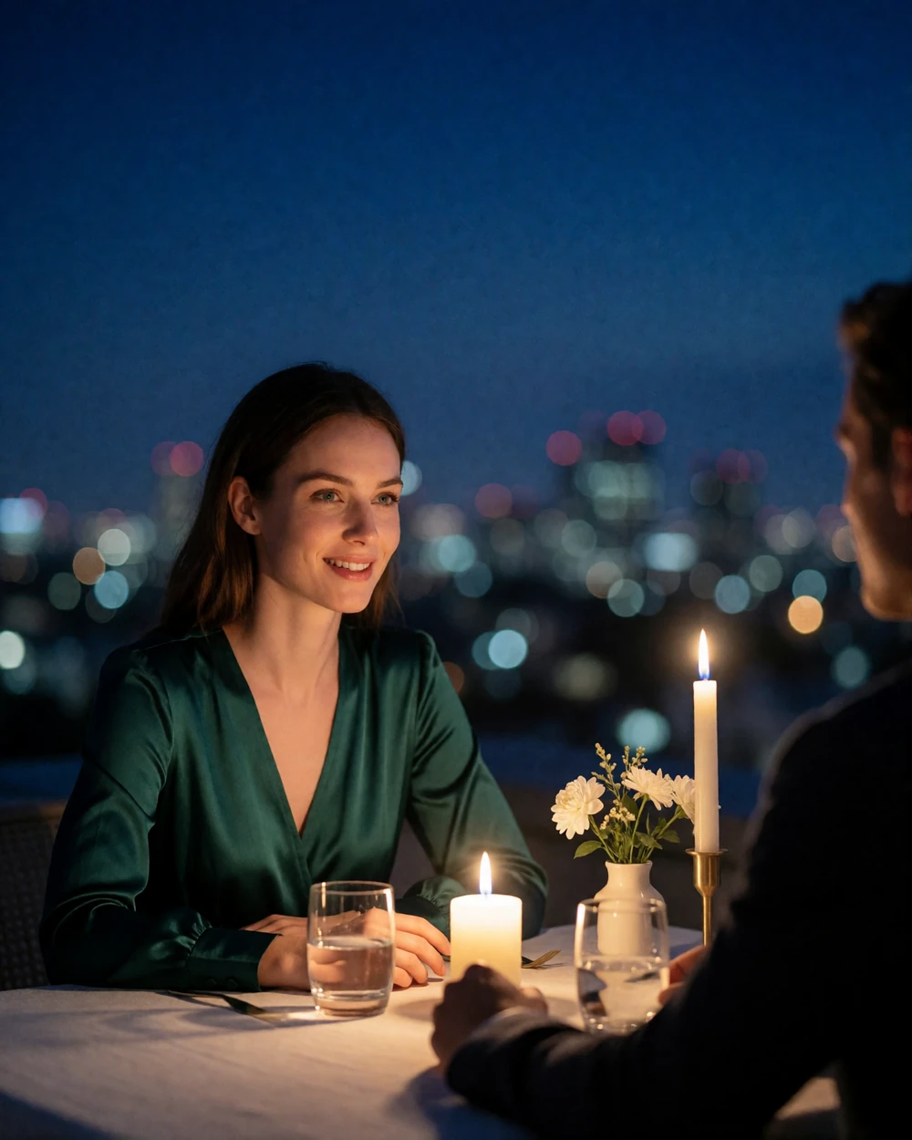 Woman in an emerald satin dress smiling warmly during a candlelit rooftop dinner with a city skyline behind her