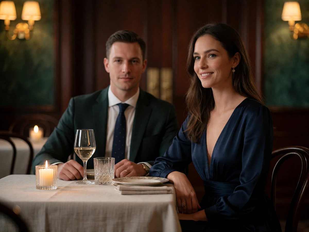 Elegantly dressed couple sharing a warm moment at a candlelit table in a refined Indianapolis dining room