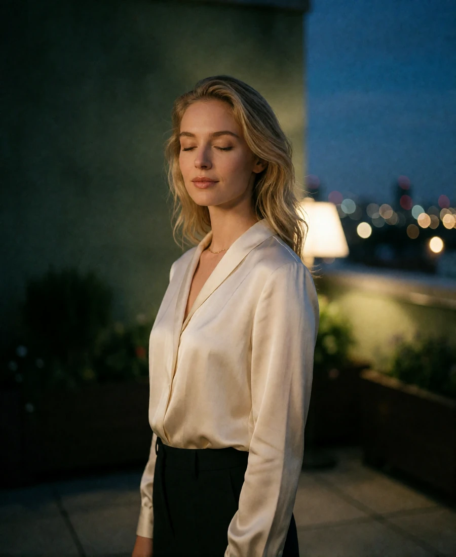 Blonde woman in an ivory silk blouse standing on a covered rooftop terrace at blue hour with the Nashville skyline behind her