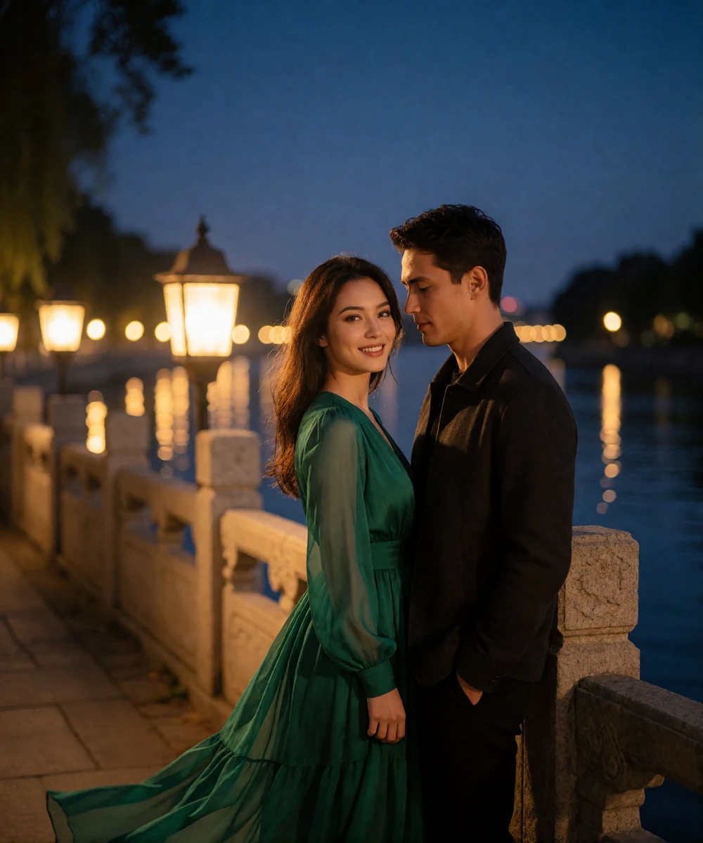 Elegantly dressed couple standing close together on a stone riverside walkway in San Antonio at dusk