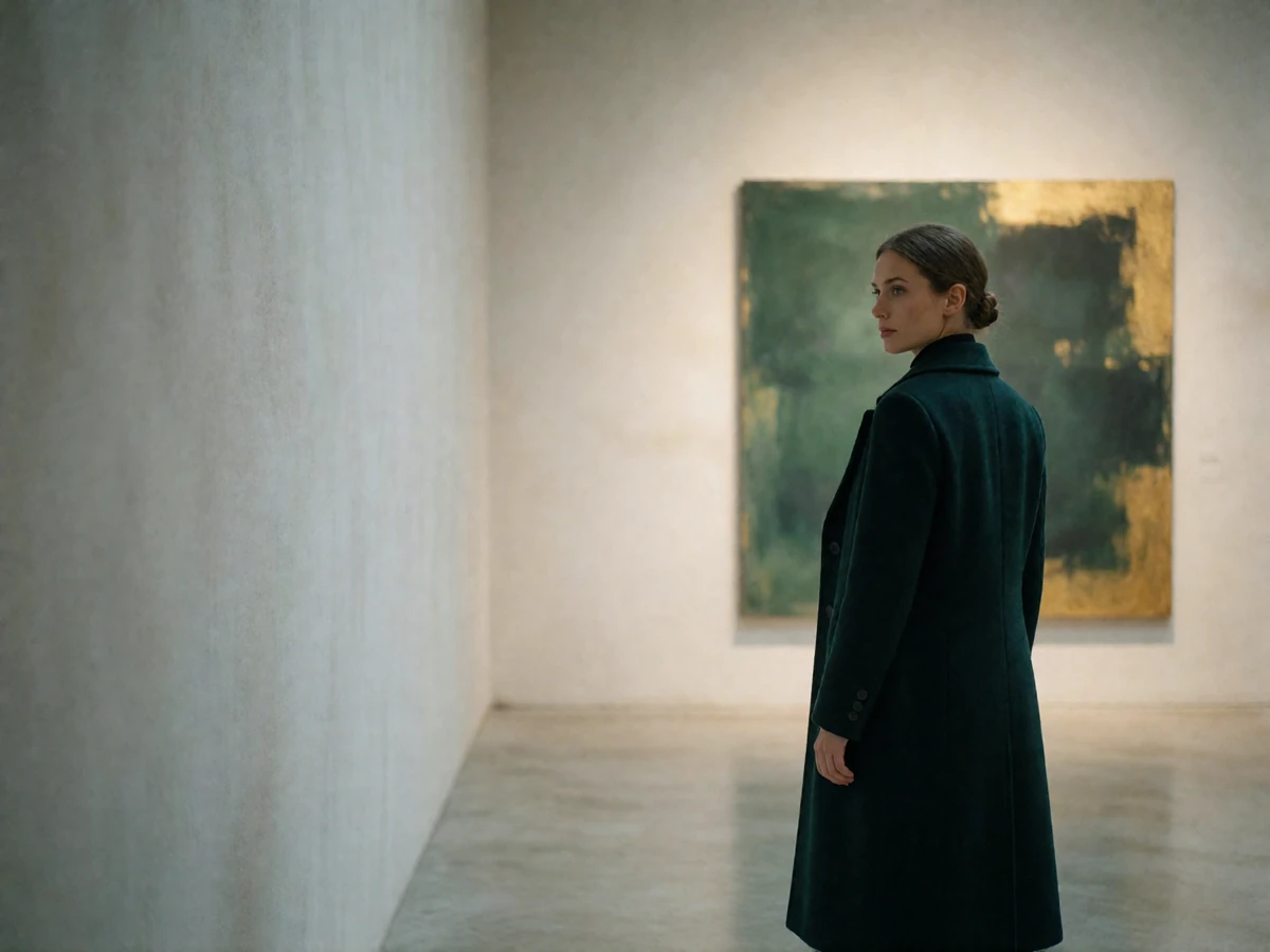 Woman in a tailored emerald coat studying an abstract painting from behind in a quiet private gallery room