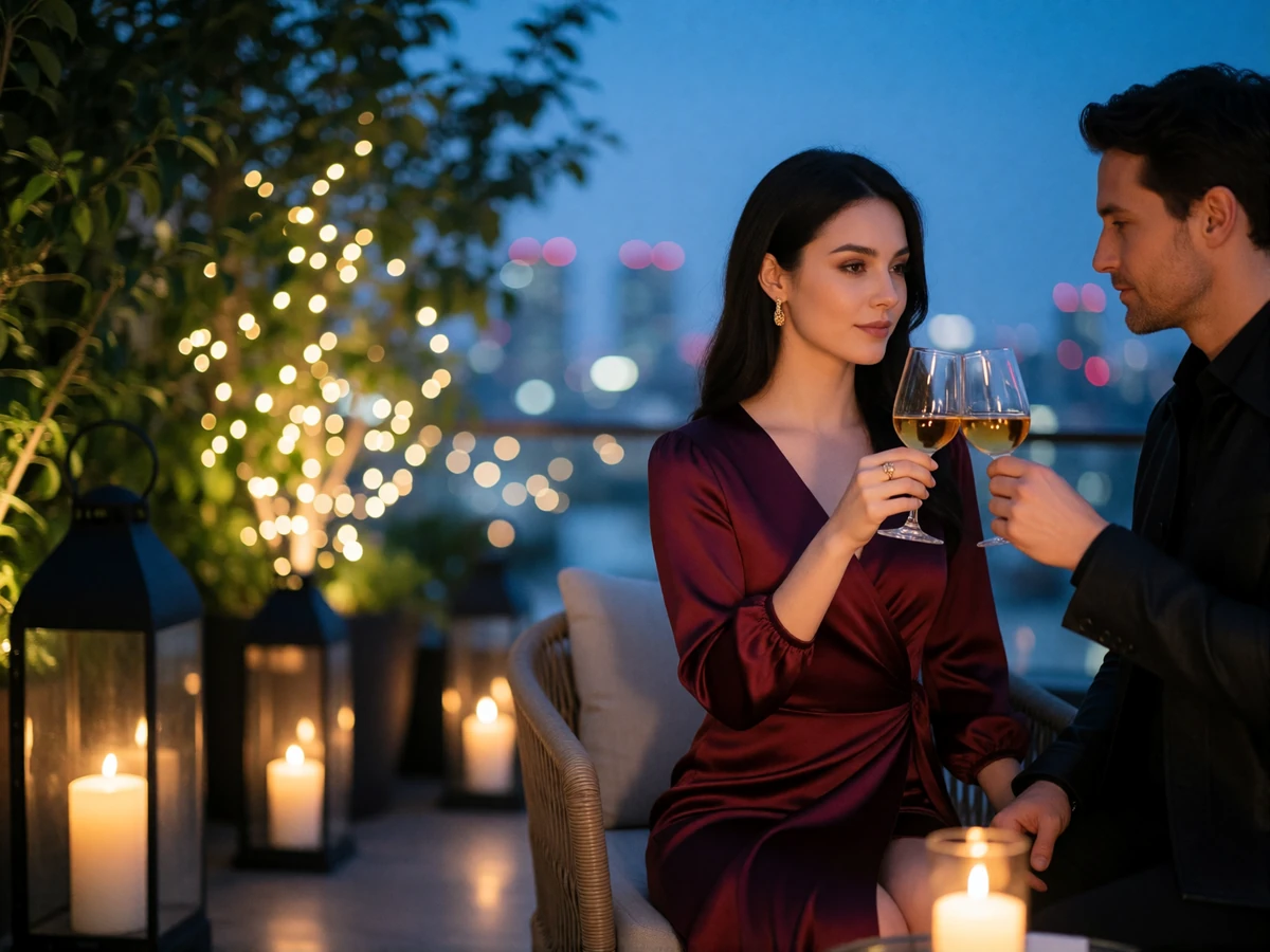Well-dressed couple sharing a quiet toast on an Atlanta rooftop lounge during the blue evening hour