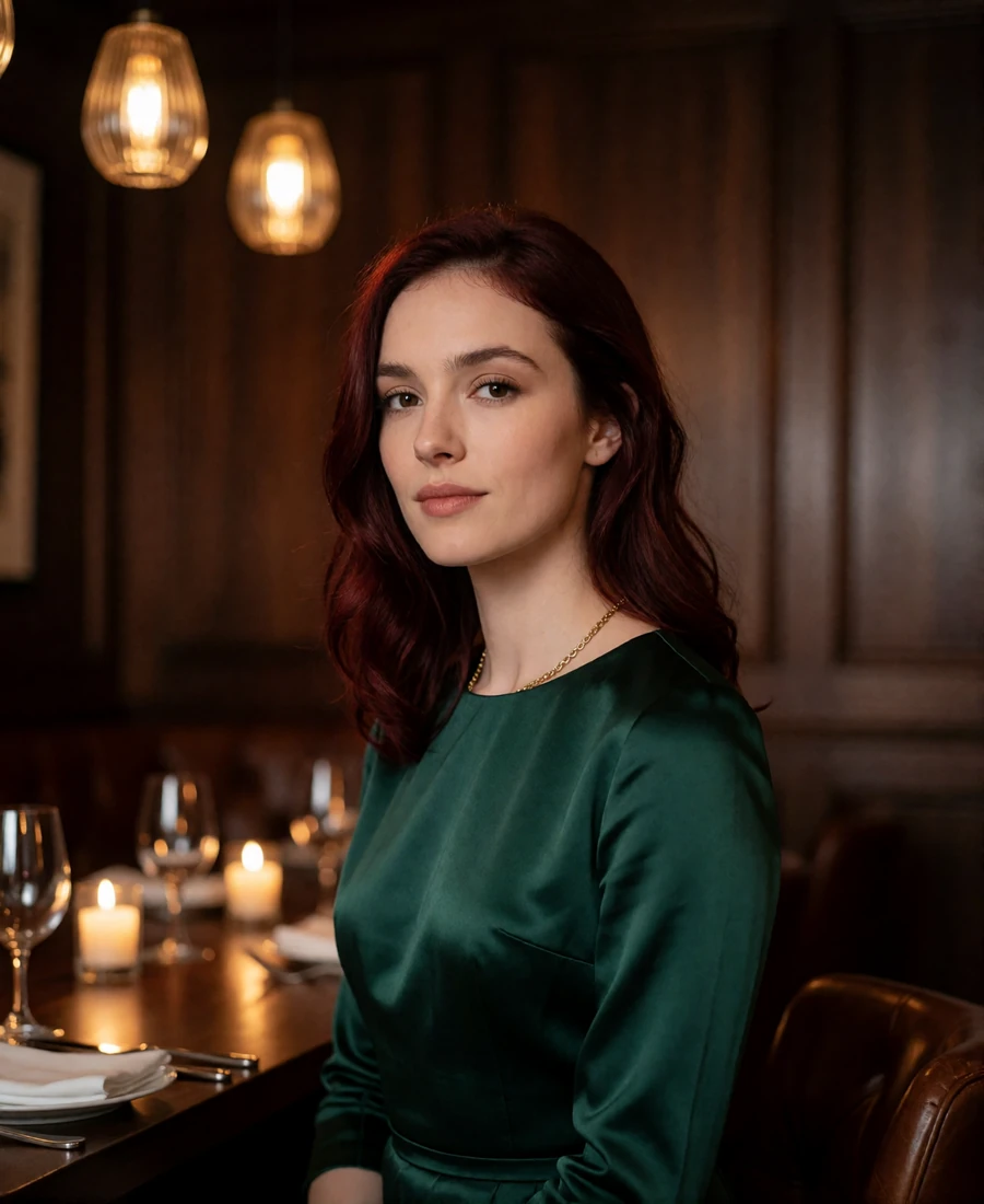 Elegant woman in an emerald silk dress at a candlelit table in an upscale Chicago steakhouse