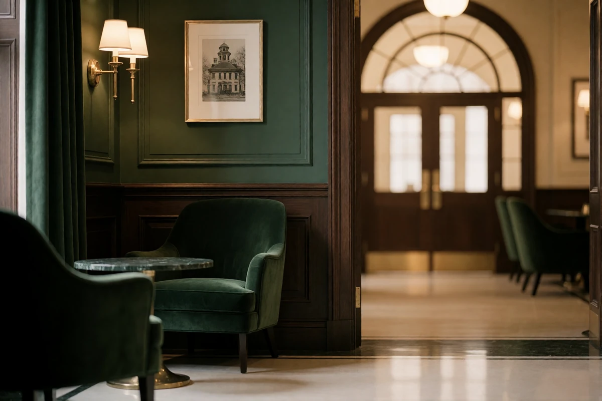 Quiet seating corner of a historic Boston hotel lounge with a velvet armchair and marble side table