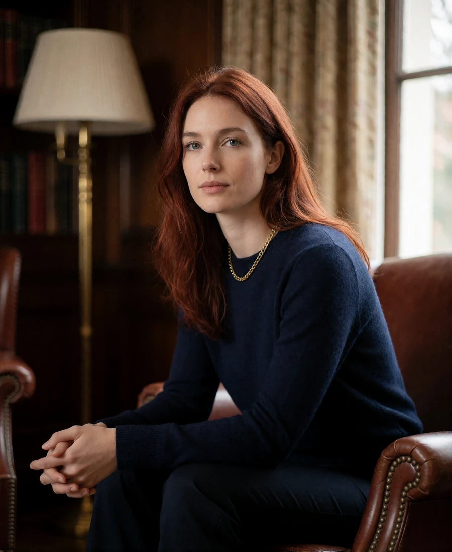 Auburn-haired woman seated in a leather armchair inside a private club reading lounge in Indianapolis