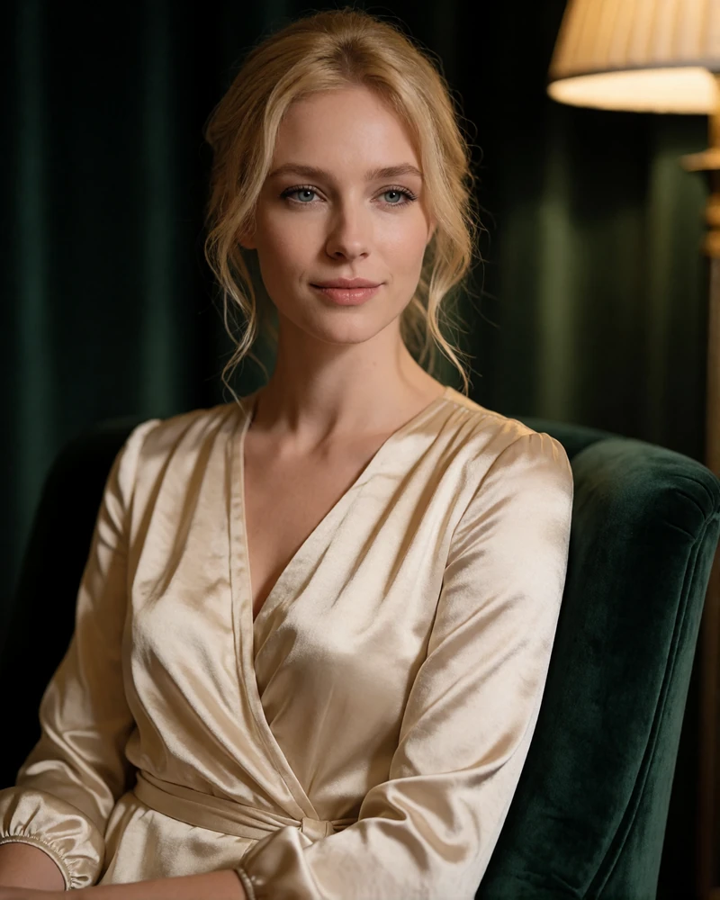 Woman in a champagne wrap dress seated in a velvet armchair inside a private Las Vegas club interior