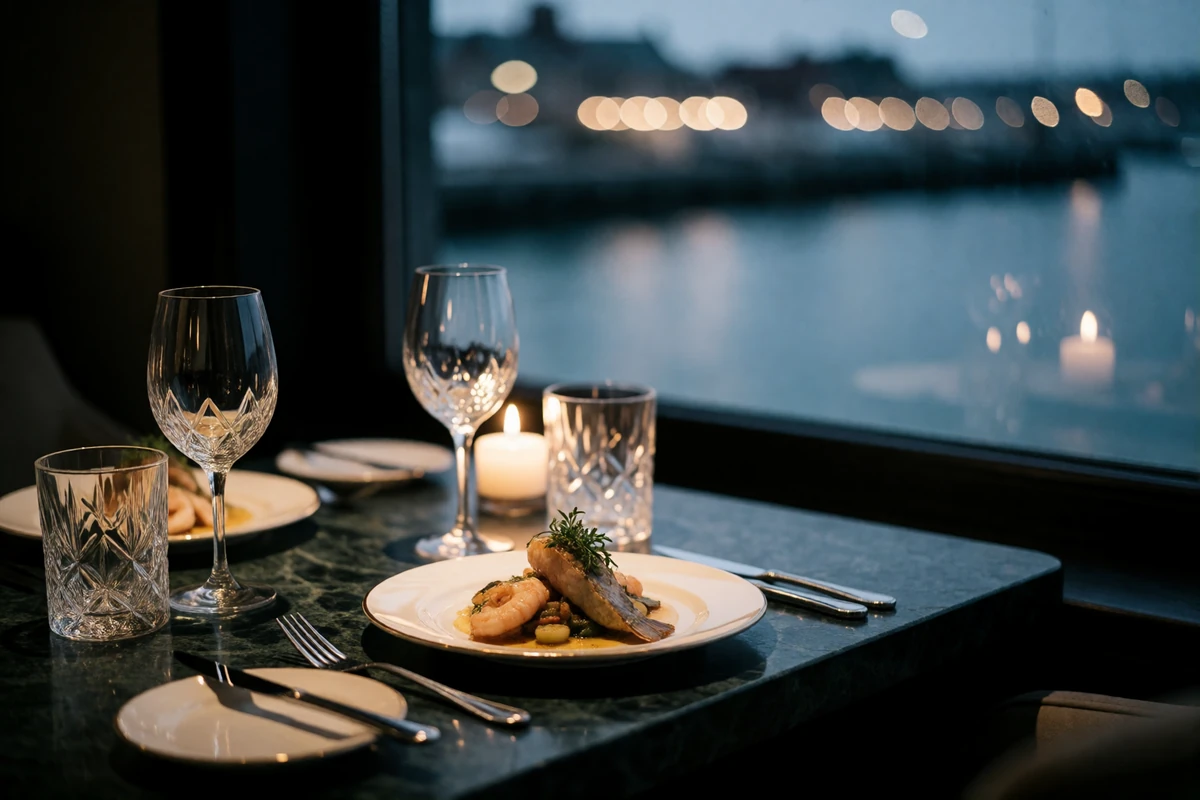 Window table for two set with crystal glassware and a plated seafood course in an upscale Seattle waterfront restaurant