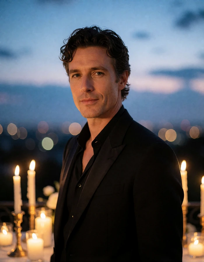 Man in a black dinner jacket standing on a terrace at dusk, an illustrative verified member profile