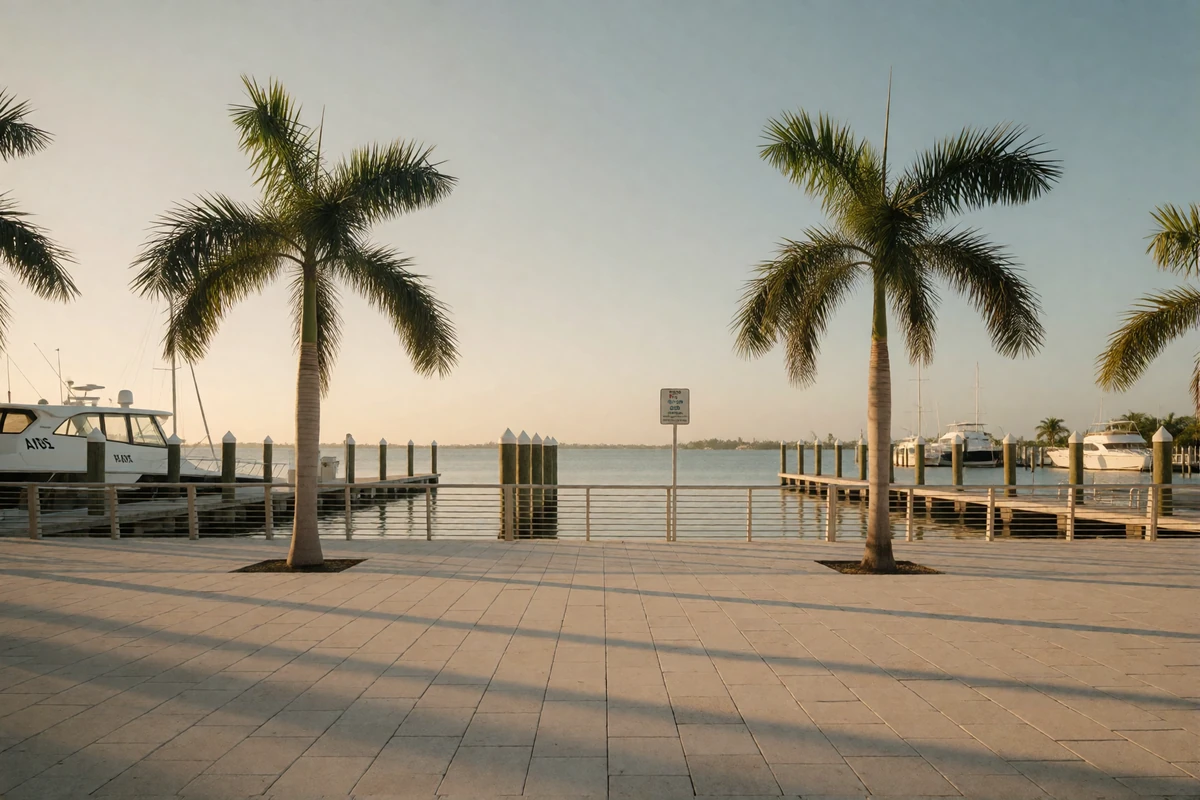 Quiet Miami marina promenade in early morning light with palms and calm water