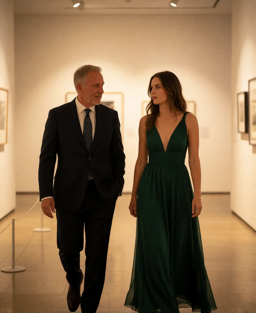 Elegant couple walking together through a softly lit contemporary art gallery corridor at an evening reception