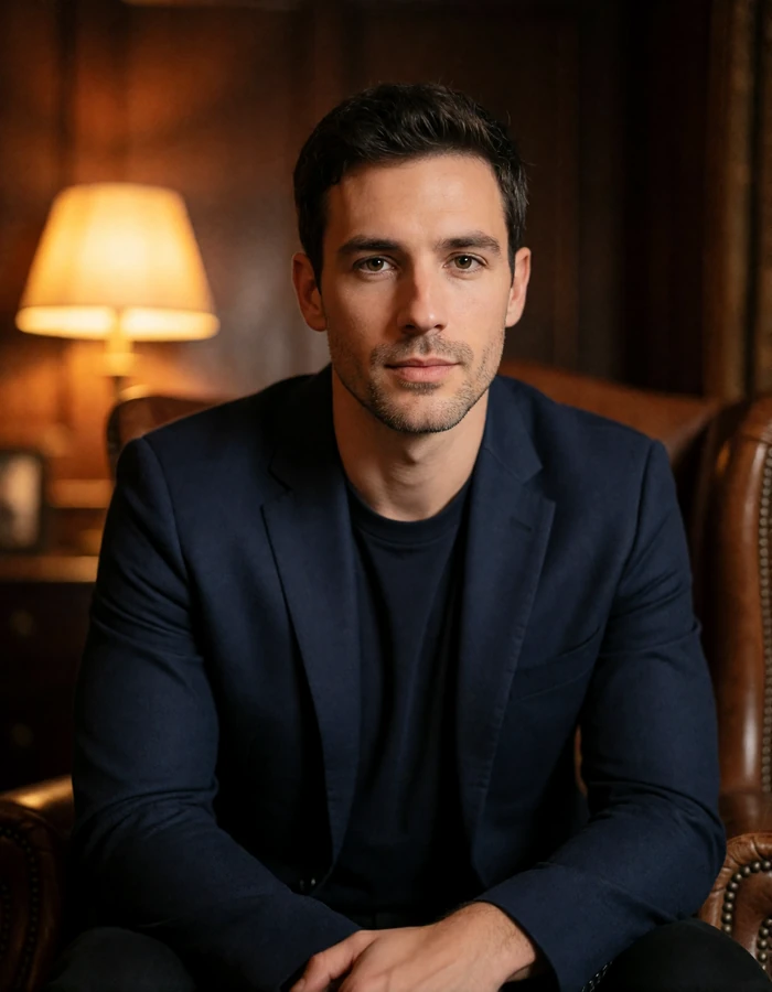Man with neat dark hair and light stubble seated in a leather armchair in a private lounge, an illustrative member profile