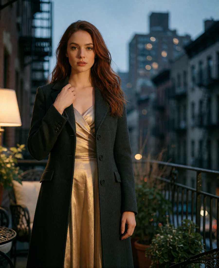 Woman with auburn hair in a tailored charcoal coat standing on a private residential terrace at dusk