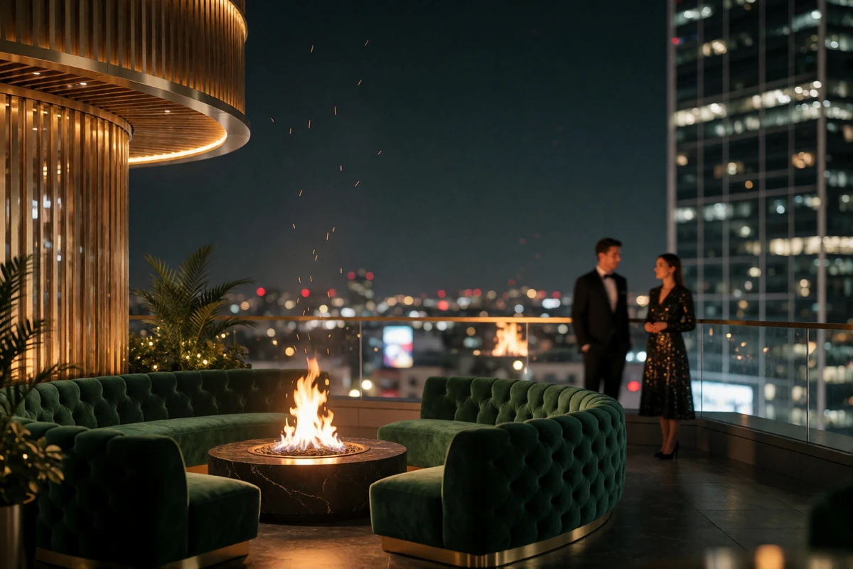 Downtown Los Angeles rooftop lounge at night with a fire feature and the illuminated city grid beyond