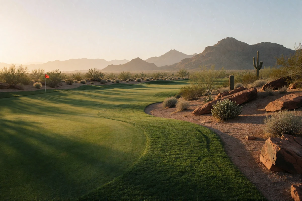 Manicured desert golf course at sunrise with long soft shadows across the fairway and distant mountain ridges