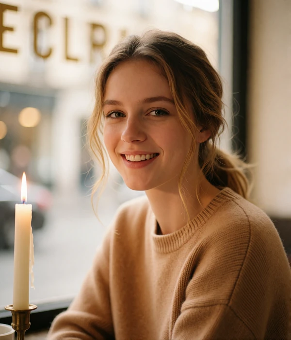 Young woman with light brown hair seated near a café window, an illustrative member portrait