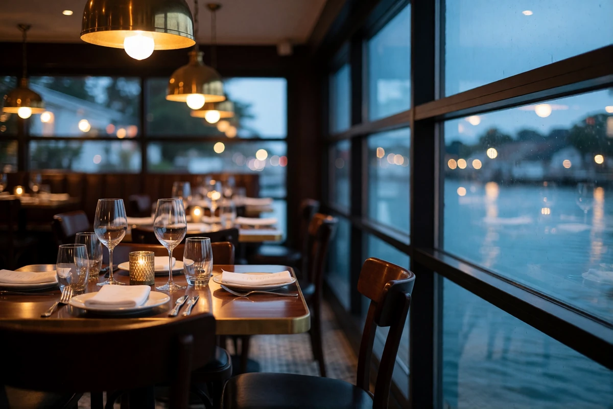 Upscale waterfront restaurant interior at dusk with a set table for two and floor-to-ceiling windows over harbour lights
