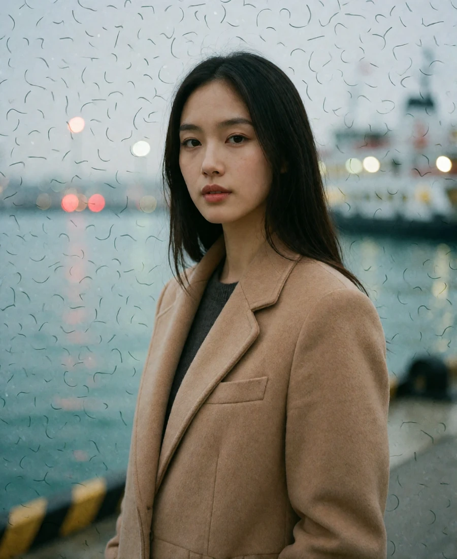Poised young woman in a tailored camel wool coat on a Seattle waterfront promenade with a blurred harbour behind her