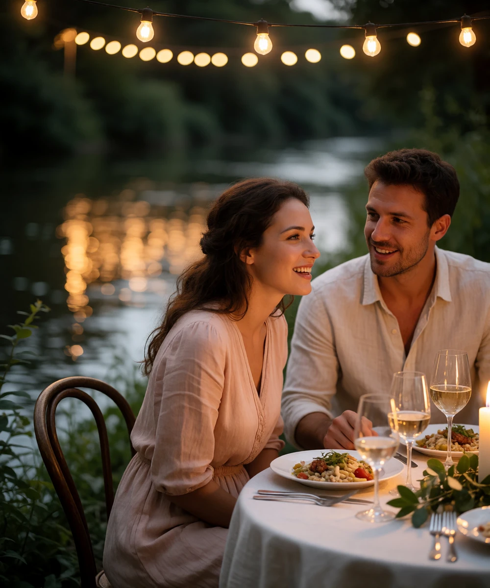 Couple sharing dinner at a warmly lit riverside table in San Antonio beneath strings of café lights