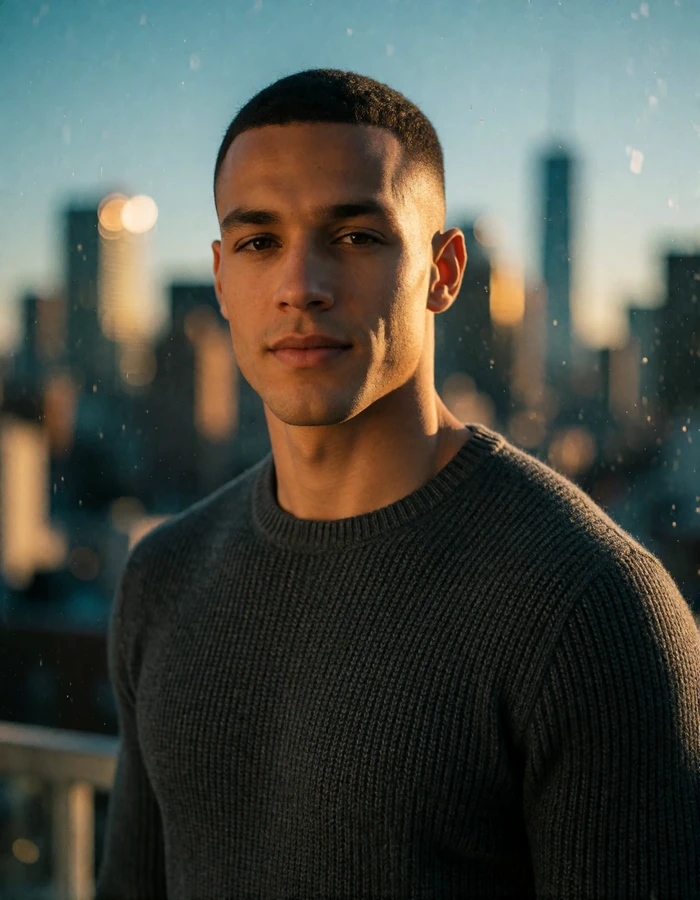 Athletic man with close-cropped hair against a dusk city skyline, an illustrative member profile
