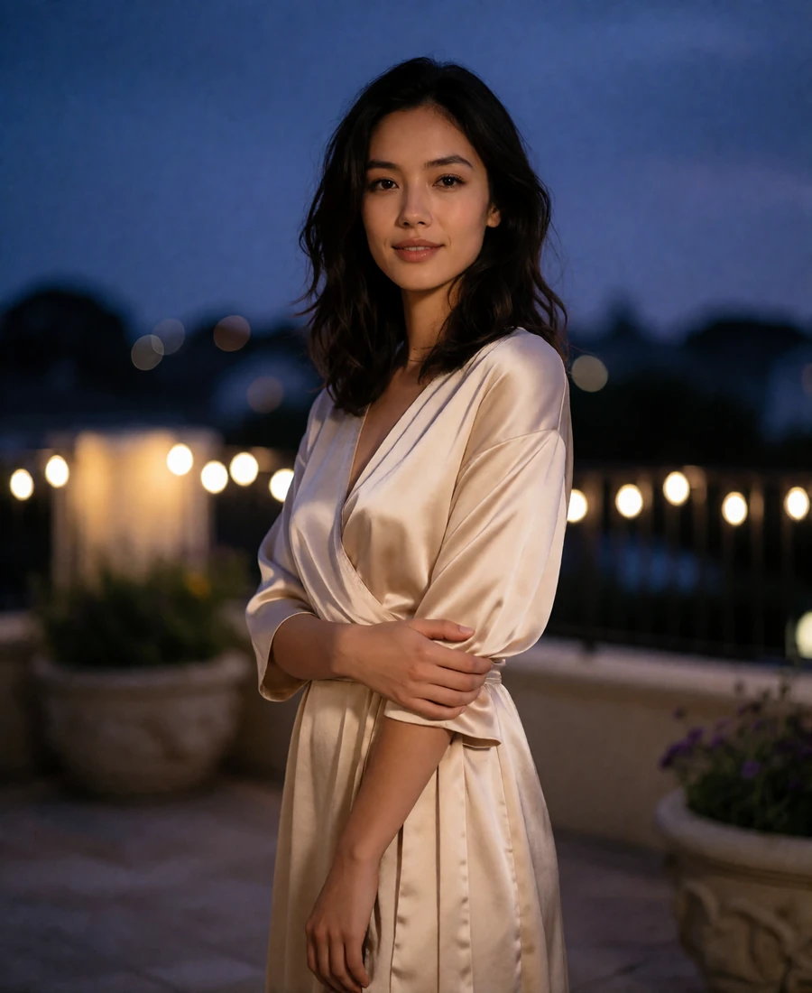 Woman in a champagne satin dress standing on a quiet upscale terrace in suburban Carmel, Indiana