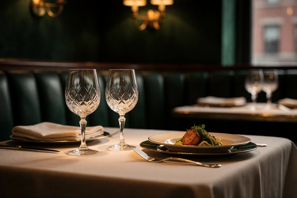 Elegantly set dinner table with crystal wine glasses and candlelight in a Manhattan restaurant