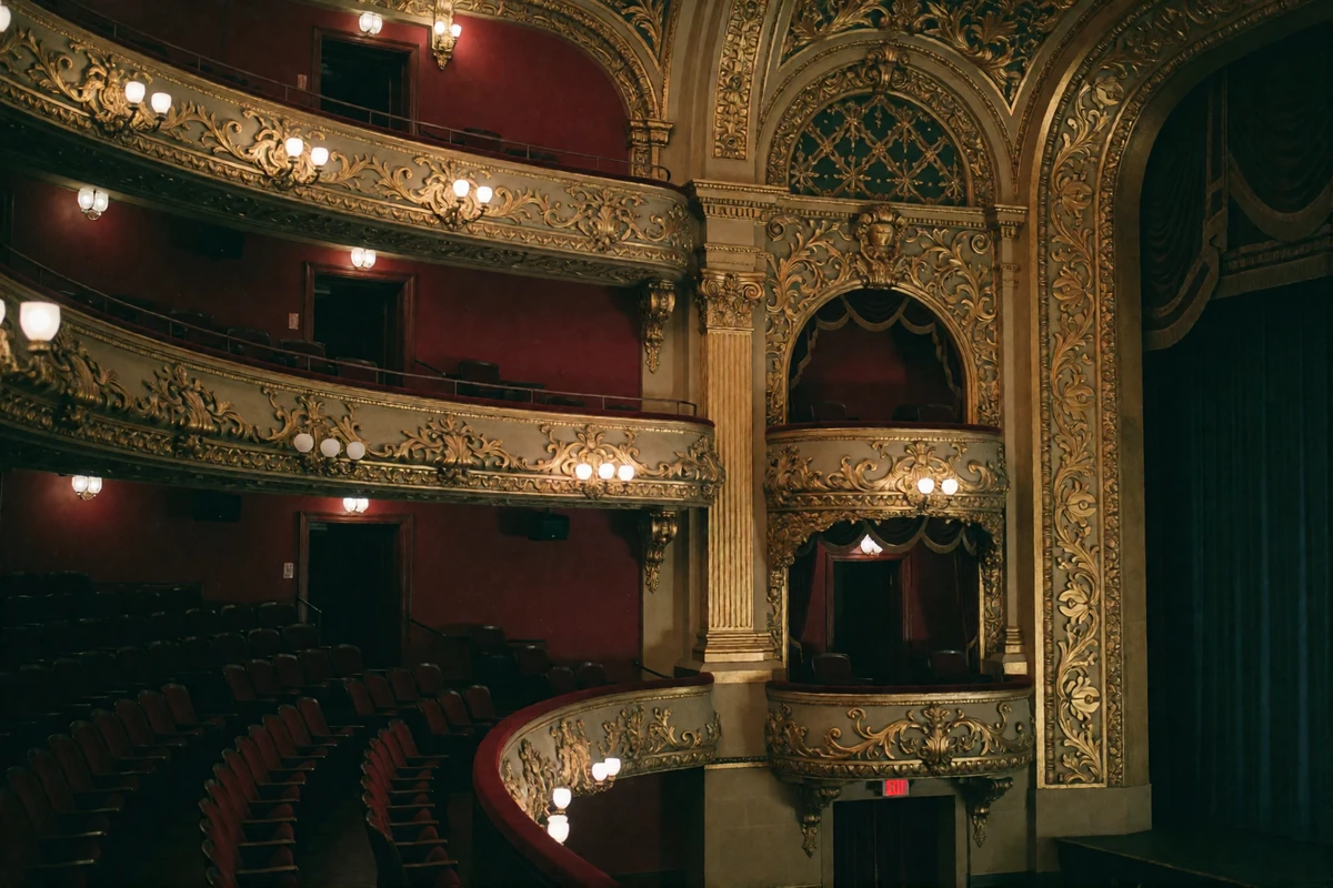 Ornate gilded balcony interior of a historic Chicago theatre with warmly lit tiers before a performance