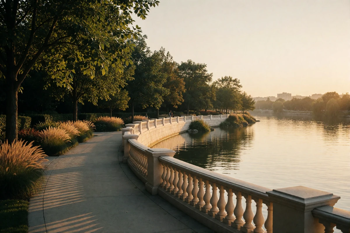 Landscaped riverside promenade at golden hour beside calm water reflecting warm sunlight