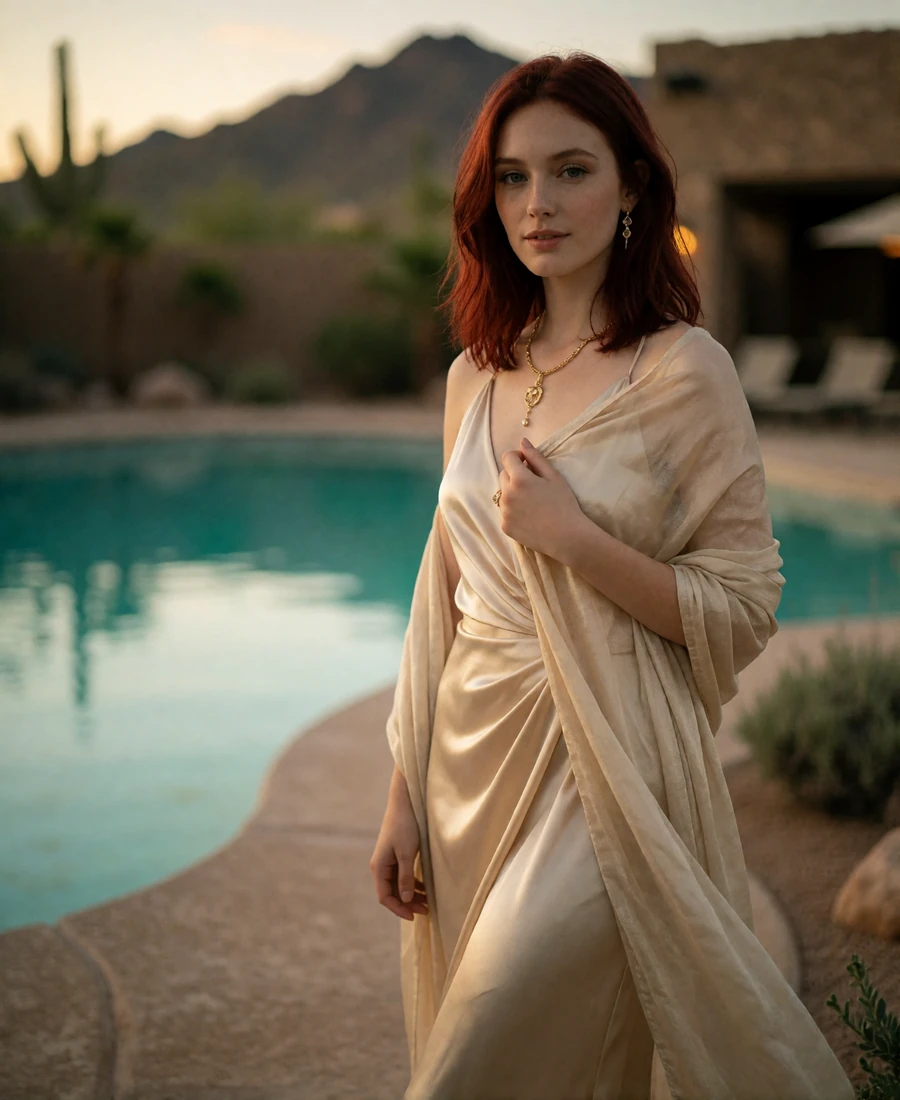 Woman in a champagne-toned maxi dress standing beside a shaded resort pool near Phoenix at dusk