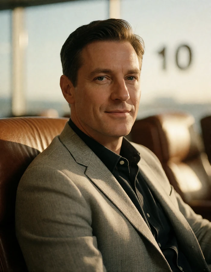 Man in a light grey blazer seated in a leather club chair in an airport lounge, an illustrative verified member profile