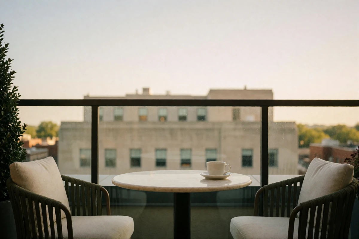 Quiet rooftop terrace of a downtown Indianapolis hotel with a marble table and glass rail at soft morning light