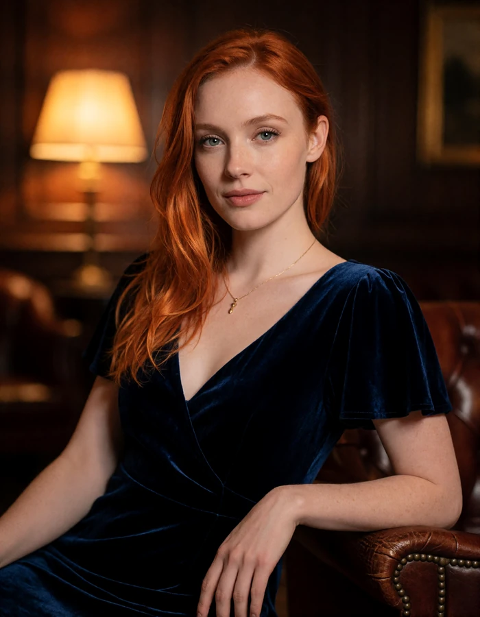 Woman with copper-red hair in a midnight-blue velvet dress in a private club lounge, an illustrative member profile